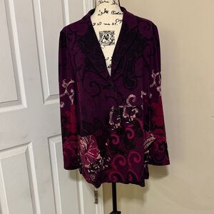 Chicos Women's Purple Print Knit Button Up Jacket size XL Fall Career Maximalist